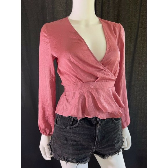 Topshop Women's Blouson Sleeve Wrap Blouse Pink Satin Size US 2 EUR 34 - Picture 4 of 12